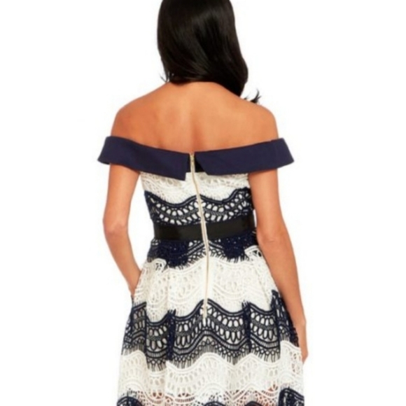 Self-Portrait Off-the-Shoulder Wave Guipure Short Dress - Picture 2 of 12